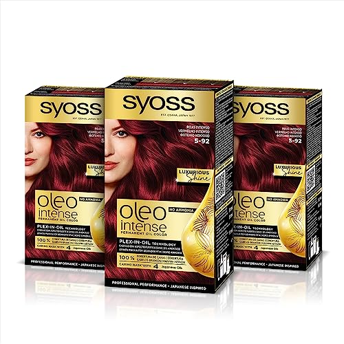 Syoss Oleo Intense - Tinte 5-92 Rojo Intenso – Coloración permanente Sin Amoníaco – Cobertura profesional de canas – Resultados de peluquería (Pack De 3)