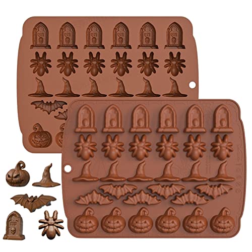 Keepaty Molde de chocolate para Halloween, 1 pieza de 30 cavidades de silicona para fondant, calabaza, murciélago, sombrero de bruja, araña, lápida en forma de lápida para magdalenas de Halloween
