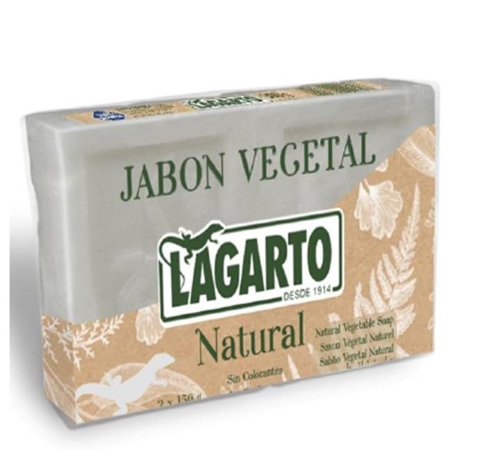 Pastilla Jabon LAGARTO 100% VEGETAL en formato solico, PACK (2 x 150gr). Está elaborado exclusivamente a partir de ingredientes de origen vegetal, eliminando los perfumes y colorantes de su fórmula.