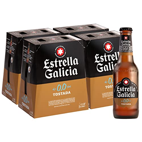 Estrella Galicia 0,0 Tostada - Cerveza Lager sin Alcohol, Pack de 24 Botellas x 25 cl, Sabor y Aroma Tostado y Equilibrado, 0% Volumen de Alcohol