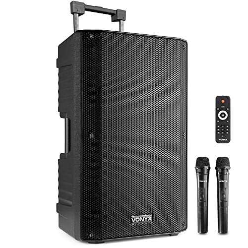 Vonyx VSA700 - Altavoz portatil 15 Pulgadas y 1000w con baterí­a, 2 micrófonos inalámbricos de Mano, Bluetooth 5.0, MP3, Amplificador Incorporado, Ideal presentaciones, conferencias, músicos, DJ