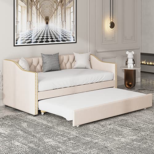 KecDuey Cama tapizada de 90 x 200 cm con caja, cama funcional, cama juvenil, tela de lino resistente, sofá cama extensible, cama de invitados (sin colchón) (beige)