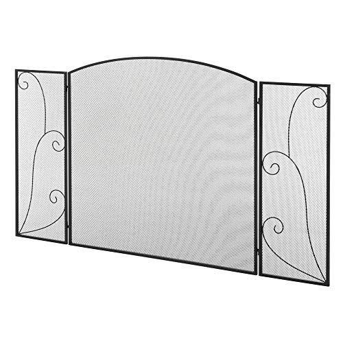 HOMCOM Biombo Chimenea de 3 Paneles Pantalla de Chimenea Plegable con Bisagras 132,5x76,5 cm ​Estructura de Acero Resistente Malla Decorativa Negro