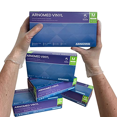 Guantes desechables de vinilo ARNOMED M, sin polvo, 100 unidades/caja, guantes desechables, guantes de vinilo, disponibles en las tallas S, M, L y XL