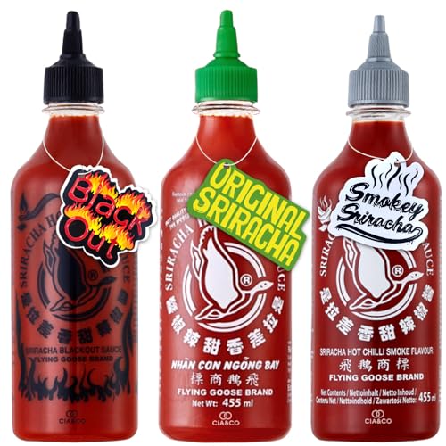 Pack degustación Salsas de chile Picante Sriracha Original () + Sriracha Black Out () + Siracha Smokey Ahumada () by Flying Goose. (3 x 455 ml)