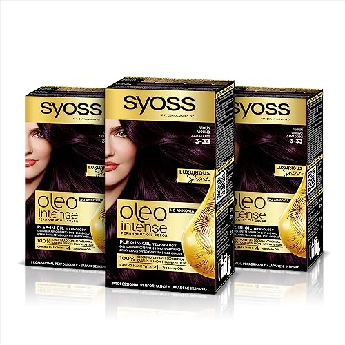 Syoss Oleo Intense - Tinte 3-33 Violín – Coloración permanente Sin Amoníaco – Cobertura profesional de canas – Resultados de peluquería (Pack De 3)
