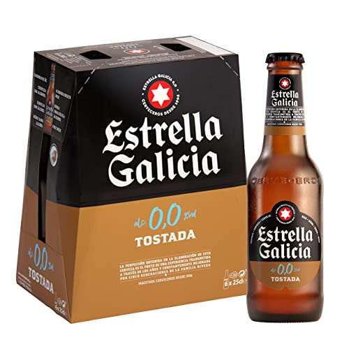 Estrella Galicia 0,0 Tostada - Cerveza Lager sin Alcohol, Pack de 6 Botellas x 25 cl, Sabor y Aroma Tostado y Equilibrado, 0% Volumen de Alcohol