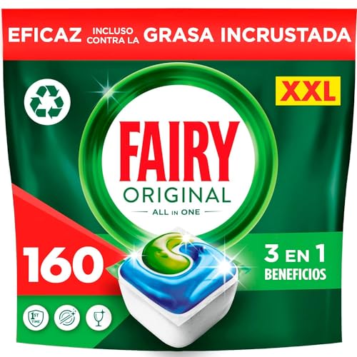 Fairy Original Todo En Uno Pastillas Lavavajillas, 160 Capsulas, Elimina Grasa Reseca, Detergente Lavavajillas con Aroma a Limpio y Fresco