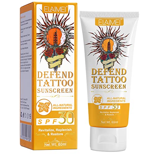 Defend Tattoo Sunscreen- Protector Solar Para Tatuajes, SPF 30+, Loción Solar Mineral Totalmente Natural - Protección e Hidratación Contra la Decoloración de Tatuajes, Fórmula Antienvejecimiento