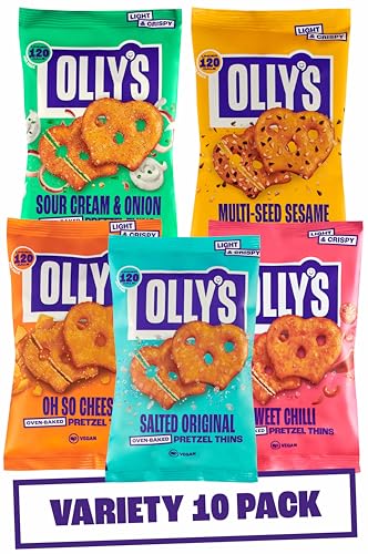 Olly's Pretzel Thins, paquete variado, 35 g (paquete de 10), 2 salados, 2 multisemillas, 2 cremas agrias, 2 chiles dulces, 2 bocadillos con queso, bajos en calorías, bajo en grasa, fuente de fibra,