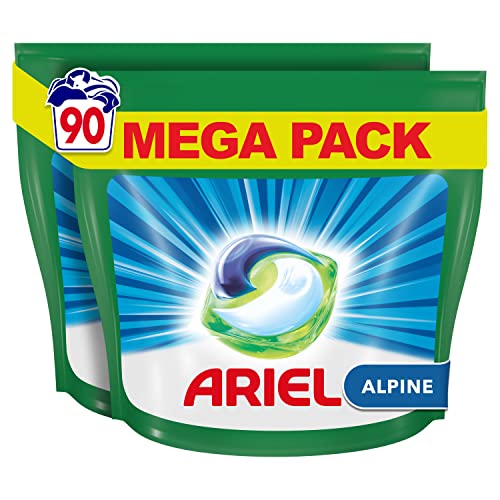 Ariel All-in-One Detergente Lavadora Liquido en Capsulas/Pastillas, 90 Lavados (2x45), Jabon Limpieza y Frescor Alpinos, 5 Acciones para una Limpieza Brillante en Frio