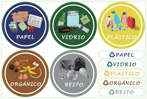Azatemgo Pegatinas para el Reciclaje,6 Etiquetes Adhesives per al Reciclatge d'Escombraries, Adhesius per a la gestió de residus,Cadascuna diámetro 9.8cm,Texto en Españo