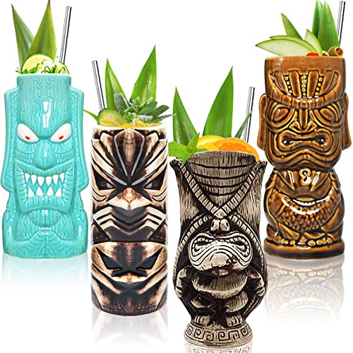 Juego de regalo Tiki Tazas Tiki Vasos Tiki Taza para cócteles, Juego de 4 tazas grandes de cerámica tropicales hawaianas Tiki Party Bar Tazas creativas de Exóticas Vasos