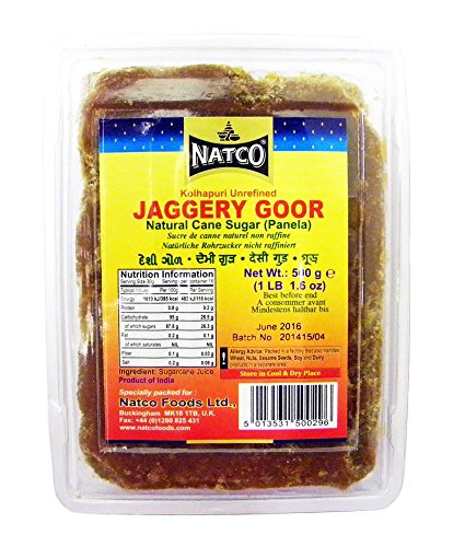 Natco - Jaggery Gor - Panela - Azúcar natural de caña sin refinar - 500 g - Pack de 2 unidades