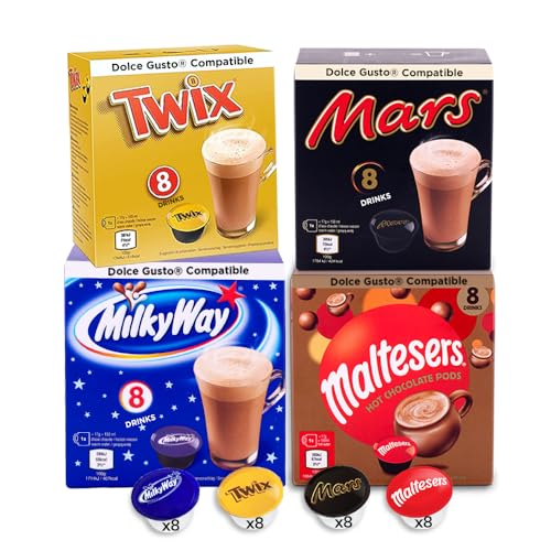 Lote de cápsulas de chocolate para beber, 32 cápsulas compatibles con máquinas de café Dolce Gusto - Twix, Mars, Milkyway, Maltesers - 4 paquetes de 8 cápsulas cada uno