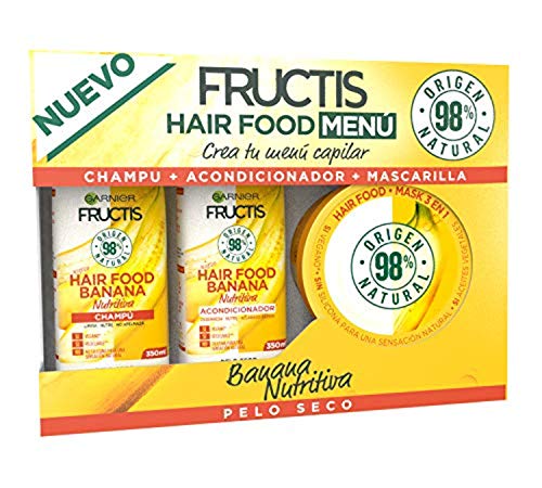 Garnier Fructis Hair Food Pack Banana Nutritiva con Champú, Acondicionador y Mascarilla. Limpia, Desenreda y Nutre, Para Cabello Seco, Fórmula Vegana, Sin Siliconas