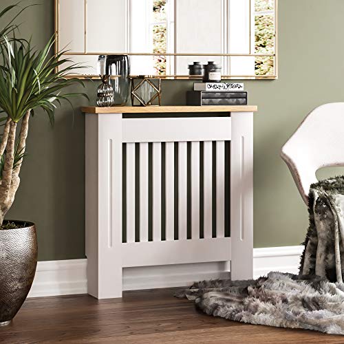 Vida Designs Arlington - Cubierta para radiador de madera de fibropanel de densidad media pintada moderna, color blanco, listones, parrilla, estante superior de madera, pequeño (altura: 83,3 x 78 x