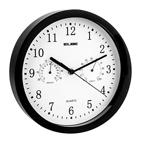 ELBE RP-1005-N Reloj de Pared con termómetro e higrómetro, Mide Temperatura y Humedad, 25 cm diámetro, Panel Blanco Marco Negro, Funciona con Pilas, talla única