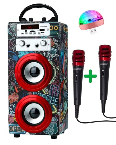 DYNASONIC Karaoke con micrófonos, Altavoz Karaoke Bluetooth Portatil Karaoke 2 Micrófonos Incluidos | Lector USB y SD, Radio FM Modelo 025-21 3ª Generación