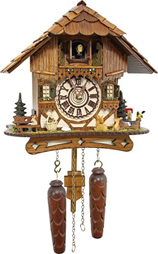 Cuckoo-Palace Reloj de Cuco alemán - Chalet romántico Valle De Los Molinos de la Selva Negra - con Animales Maravillosos con Movimiento de Cuarzo 26cm de Altura