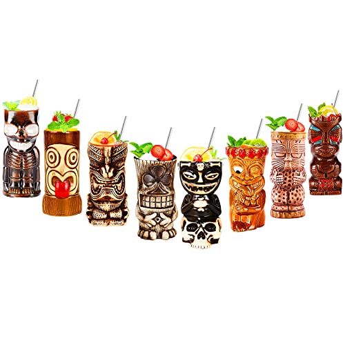 NUACOS Tiki – Taza–Tiki Tazas Set De 8–Vasos De CóCtel Tiki De CeráMica–Copas De Bar Tiki –Fiesta Hawaiana–Copas Tropicales Premium para Fiestas ExóTica