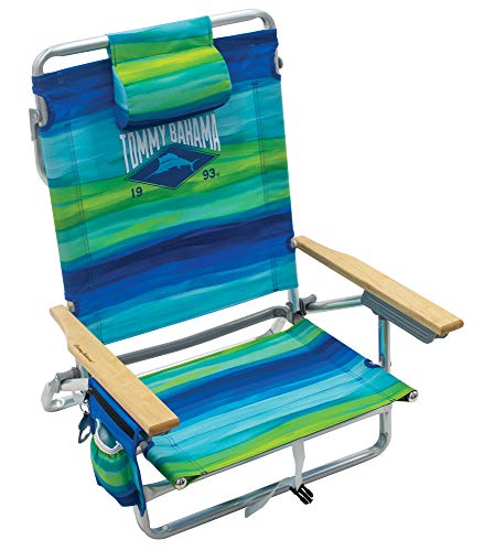 Tommy Bahama Silla de Playa Plegable clásica de 5 Posiciones Mochila, Poliéster, Azul, Verde, 23' x 25.25' x 31.5'