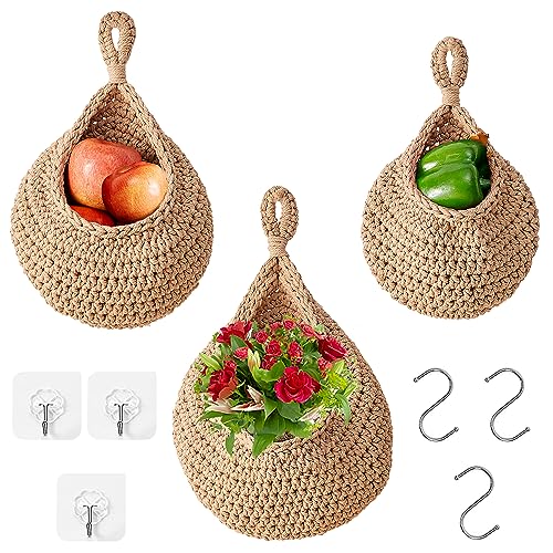XNZMYN 3 Piezas Cestos para colgar de mimbre tejidos a mano - Almacenaje y decoración bohemia para frutas, verduras, flores y juguetes de peluche (Yute)