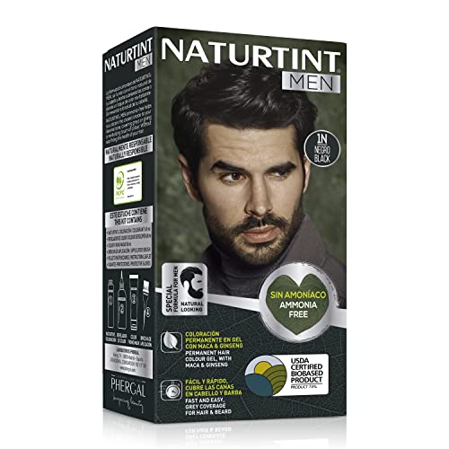 Naturtint Men Biobased | Coloración Permanente Sin Amoniaco para Hombre | Tinte para Cabello y Barba | 100% Cobertura de Canas | Color Natural y Duradero | Ingredientes Naturales | 1N Negro