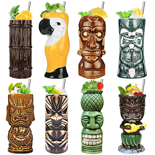 SuproBarware Tiki - Juego de 8 vasos de cóctel, de cerámica colorida, decoración de fiesta hawaiana para fiestas exóticas