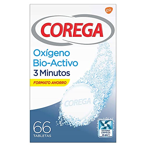 Corega, Oxígeno Bio-Activo, Tabletas Limpiadoras para Prótesis Dentales, Limpieza en Profundidad en 3 minutos, 66 tabletas