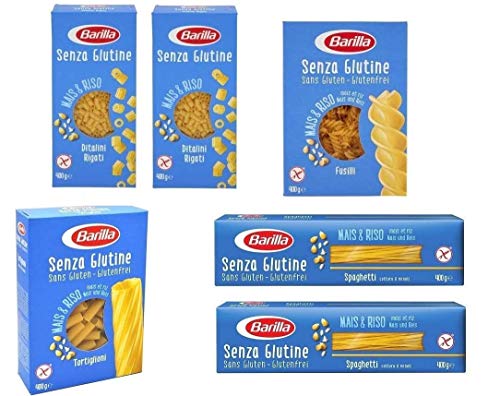 Barilla Senza Glutine Pasta sin gluten 2X Ditalini Rigati 2X Espaguetis 1x Fusilli 1x Tortiglioni (6 x 400 g)