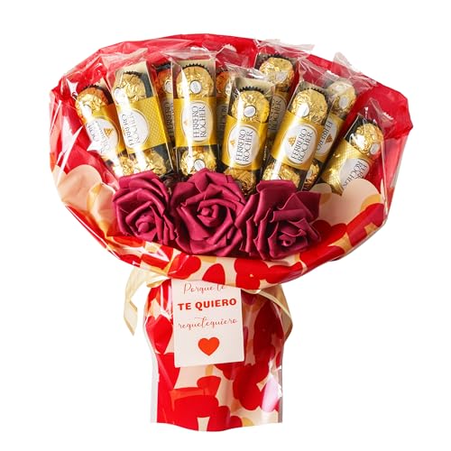 Onza Ramo de Chocolates para regalar. Bombones premium de Ferrero Rocher (30uds). Incluye Rosas decorativas para Regalo de San Valentín Original, Regalos Pareja.