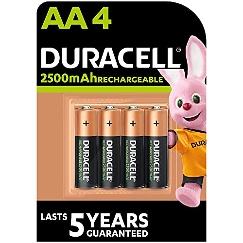Duracell pilas recargables AA (Paquete de 4), 2500 mAh NiMH, precargadas, nuestras pilas recargables no. 1 en duración