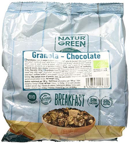 NaturGreen - Granola Chocolate, Copos de Avena Tostados Bio, Cereales con Cacao, Desayunos Saludables, Sin Gluten - 350 g, Pack 6 unidades