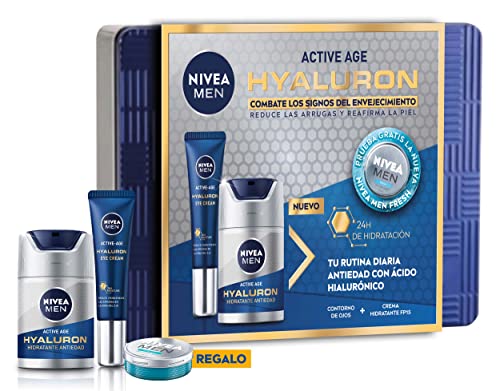 NIVEA MEN Hyaluron Pack Cuidado Facial Antiedad Hombre, pack de hombre con crema antiedad (1 x 50 ml), contorno de ojos (1 x 15 ml) y gel facial refrescante (1 x 30 ml)