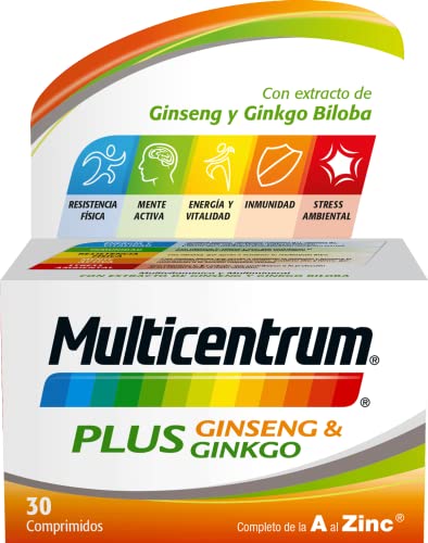 MULTICENTRUM Plus, Complemento Alimenticio Multivitamínico y Multimineral con Ginseng y Ginkgo Biloba para Adultos, Sin Gluten, 30 Comprimidos