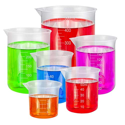 BUZIFU Vasos Medidores de Plástico PP, 6 unids Jarras Medidoras 25 ml a 500 ml, Tazas Medidoras Transparentes, Resistente al Calor y al Ácidos, para Medir Muchos Líquidos, Hornear y Laboratorio