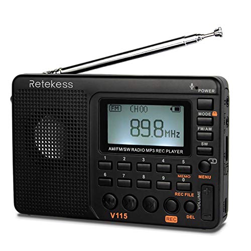 Retekess V115 Radio Portátil,FM Am SW Radio Pequeña,Digital Recargable Radio con MP3,SD/TF/USB,3 Modos de Grabación,Tiempo de Sueño,Pantalla LCD, (Negro)