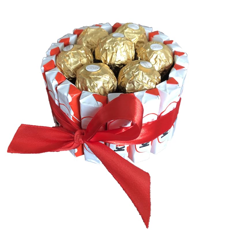 Tartas Kinder: Cesta de chocolate perfecta para regalar en Navidad, San Valentín y cumpleaños con Kinder Bueno, Schoko Bons, Ferrero y flores preservadas (Circular mini Ferrero)