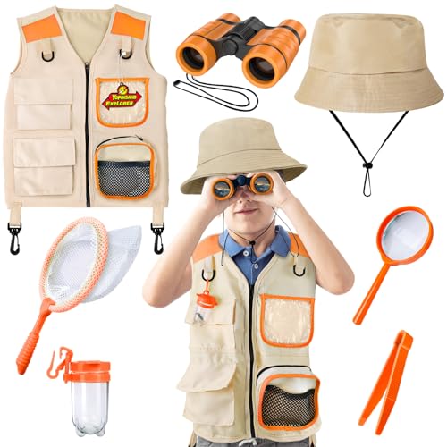 YOPINSAND Kit de exploración para niños con Chaleco de Safari, Sombrero de Safari y prismáticos para niños, Equipo de Acampada para niños con Kit de exploración de escarabajos, Gran Juguete para