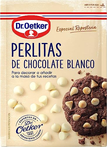 DR. OETKER Perlitas de Chocolate Blanco, Gotas de Chocolate Blanco Elaboradas con Chocolate Especial para Repostería y Pastelería - Envase, Bolsa Doypack con Zip, 100g