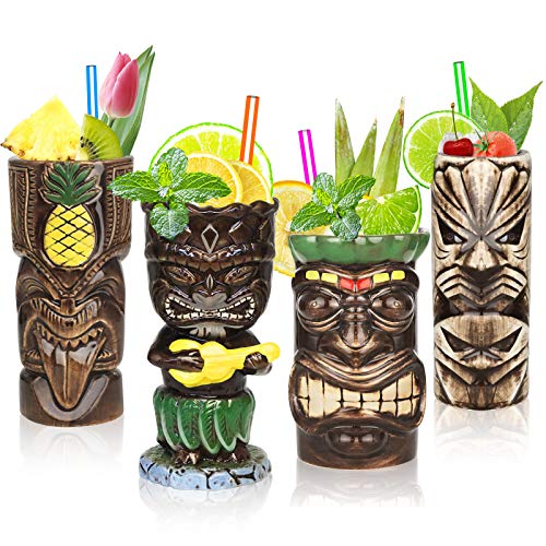 Tiki Tazas - Juego de 4 vasos para cócteles y tazas de cerámica tropicales hawaianas Tiki fiesta creativa para cócteles de cristal gran barra, de primera calidad, tropical, lindo