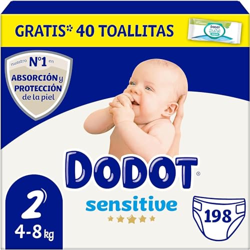 Dodot Pañales Bebé Sensitive Talla 2 (4-8 kg), 198 Pañales + 1 Pack de 40 Toallitas Gratis Cuidado Total Aqua, Absorción y Protección de la Piel de Dodot, Pack Mensual