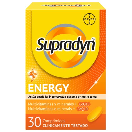 Supradyn Energy Multivitamínico para hombres y mujeres, Complejo Vitamínico Con Efecto Energía, 13 Vitaminas, 9 Minerales Y Coenzima Q10, Sin sabor, Amarillo, 30 Comprimidos