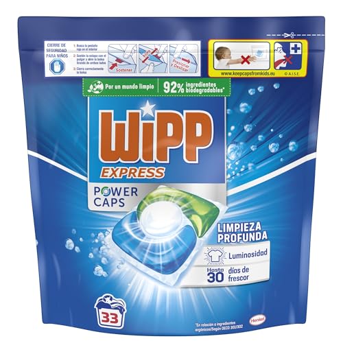 Wipp Express Power Caps Detergente en Cápsulas para Lavadora, 33 Dosis, Limpieza Profunda, Eficaz en Agua Fría