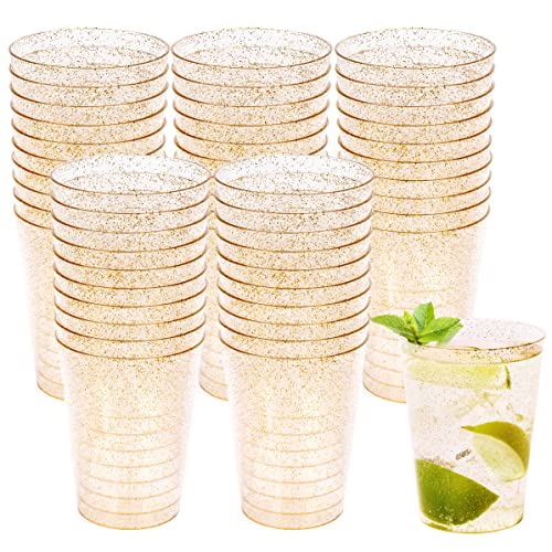MATANA - 50 Vasos Transparentes de Plástico Duro con Brillo Dorado - 300ml / Vasos desechables Ideales para Fiestas y Eventos