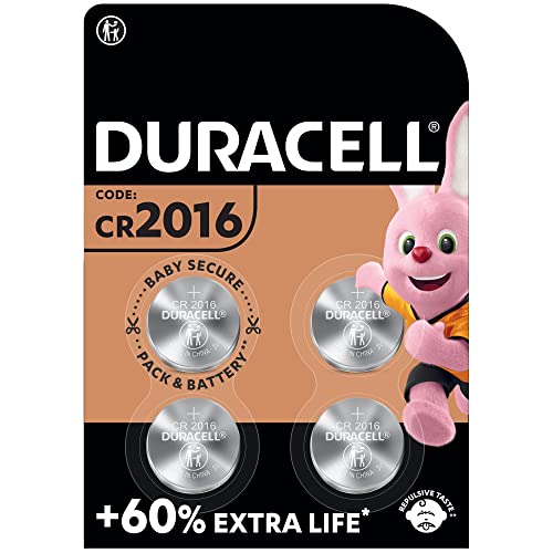 Duracell - Pilas de botón de litio 2016 de 3 V, paquete de 4, con Tecnología Baby Secure, para uso en llaves con sensor magnético, básculas, elementos vestibles, dispositivos médicos (DL2016/CR2016)