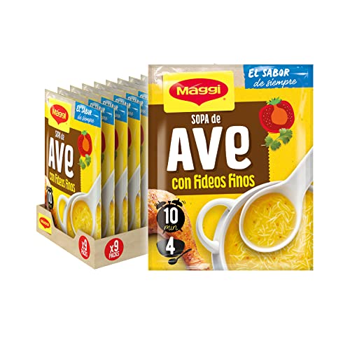 MAGGI Sopa de Ave con Fideos Finos - Sopa Deshidratada - Pack de 9 x 78g (4 raciones por sobre)