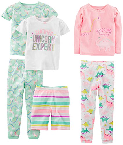 Simple Joys by Carter's 6-Piece Snug Fit Cotton Pajama Set Conjunto de Pijama, Blanco Dinosaurio/Rosa/Verde Menta Arcoíris/Rayas/Unicornio, 3 años (Pack de 3) para Niñas