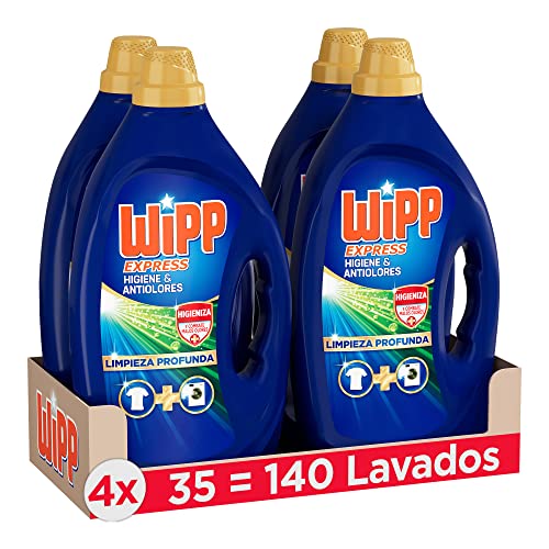 Wipp Express Detergente Líquido Higiene & Anti Olores para lavadora, 35 Lavados - Pack de 4, Total: 140 Lavados
